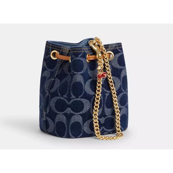 COACH LIMITED EDITION DENIM CHERRY BUCKET WRISTLET - Picture 2 of 7